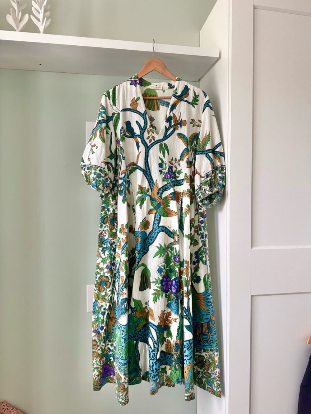 Blockprint Floral Print Midi Maxi Dress in White, Teal & Mustard